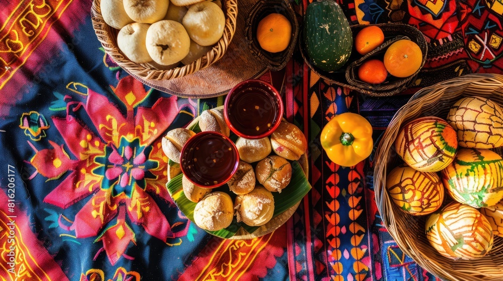Guaguas de pan and colada morada displayed on a vibrant tablecloth showcasing the traditional cuisine of Ecuador during the Day of the Dead celebration