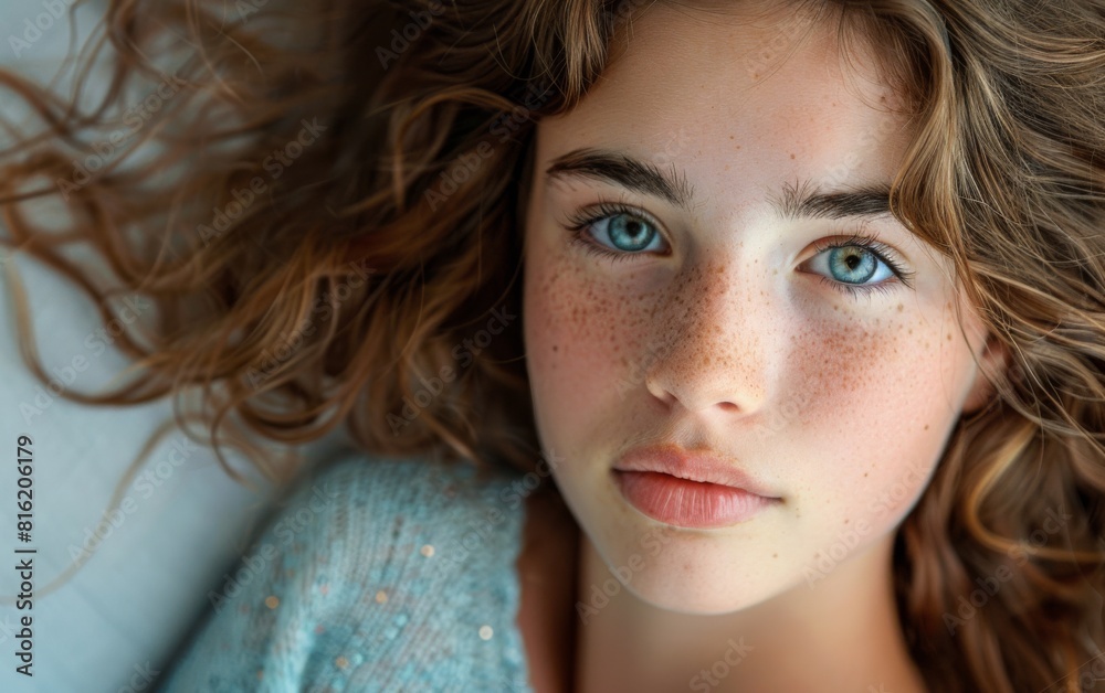 Detailed close-up of a teenage girl with freckles on her face appearing pensive and contemplative Detailed close-up of a teenage girl with freckles on her face appearing pensive and contemplative