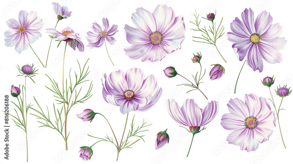 Collection of cosmos flowers, buds, petals, and leaves delicately illustrated and isolated on a crisp white background, offering a versatile set for design projects. Collection of cosmos flowers, buds, petals, and leaves delicately illustrated and isolated on a crisp white background, offering a versatile set for design projects.