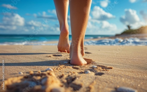 A woman is walking on a beach, leaving footprints in the sand behind her. The scene captures the simple beauty of a leisurely stroll by the sea
