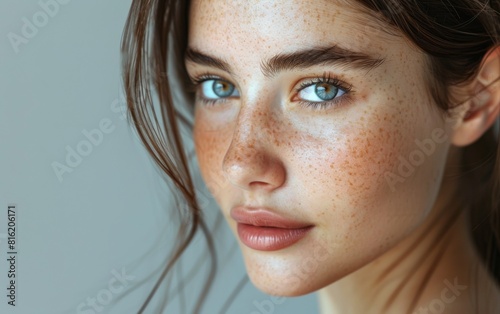 A woman with freckles on her face stands in a neutral expression
