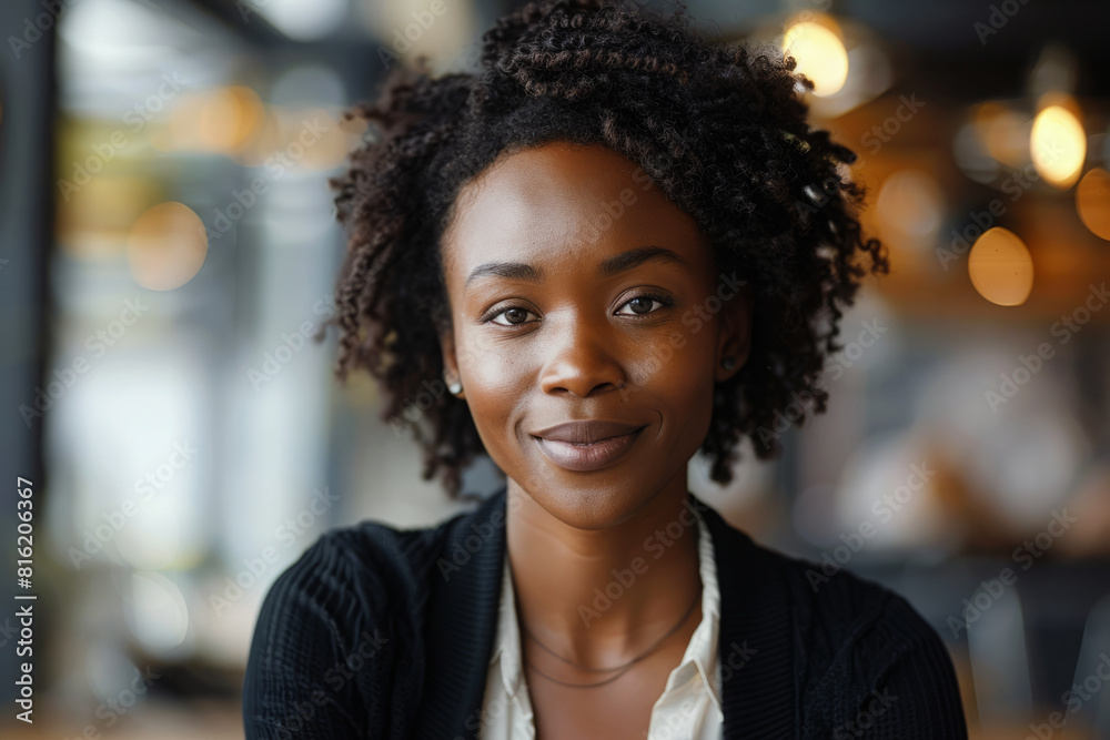 Smiling female candidate during a job interview with office setting in background. Business portrait of middle aged black woman Smiling female candidate during a job interview with office setting in background. Business portrait of middle aged black woman