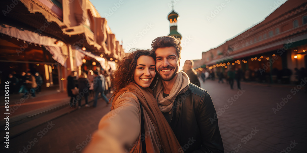 Feliz pareja de jóvenes turistas tomando fotos selfie para su blog de viajes en el horizonte de Marrakech.
Viajes y aventuras por el mundo en marruecos.