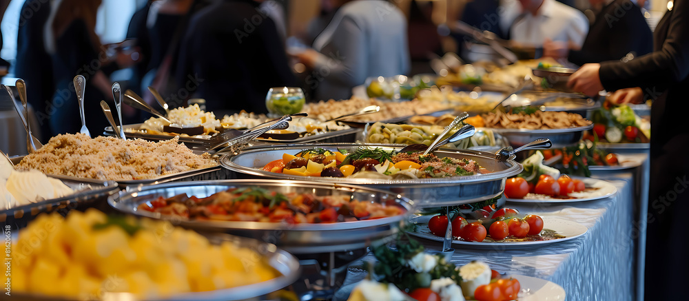 The aesthetics of a luxurious catering setup are on full display with a variety of dishes in a warm, well-lit ambiance The aesthetics of a luxurious catering setup are on full display with a variety of dishes in a warm, well-lit ambiance