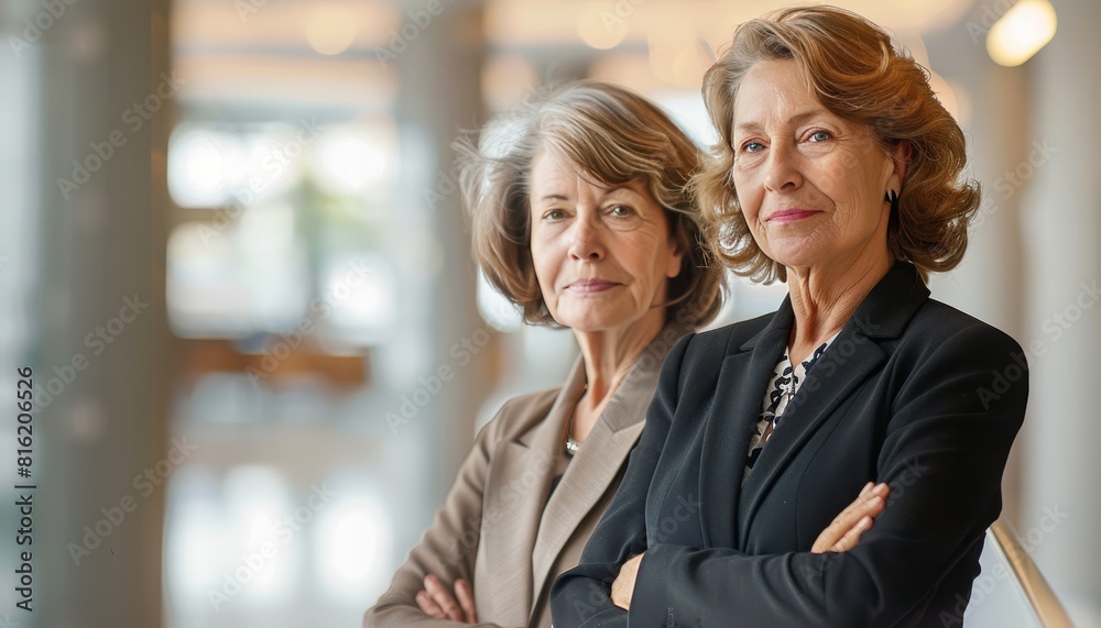 Two professional senior women confidently posing in a modern office environment Two professional senior women confidently posing in a modern office environment