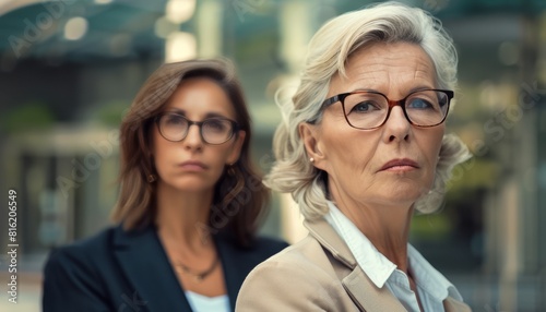 Two professional women with serious expressions standing outdoors in the city