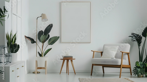 Stylish scandinavian composition of living room with design armchair black mock up poster frame commode wooden stool book decoration loft wall and personal accessories in modern home d : Generative AI photo