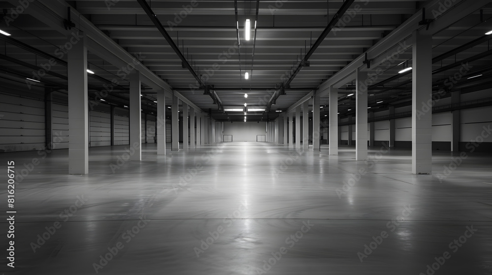 Empty Storehouse Interior for Background Abandoned Parking Lot Black and White Look : Generative AI