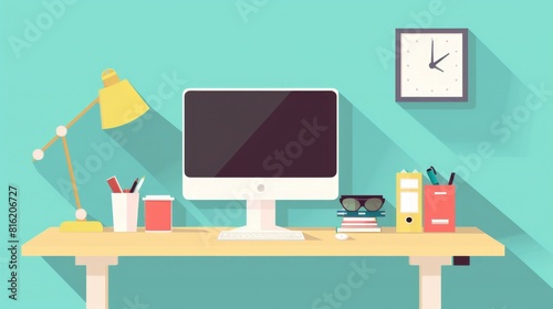 Wallpaper Mural Workplace room, modern Interior, cabinet. Office with computer. Colorful vector illustration in flat cartoon style. Torontodigital.ca