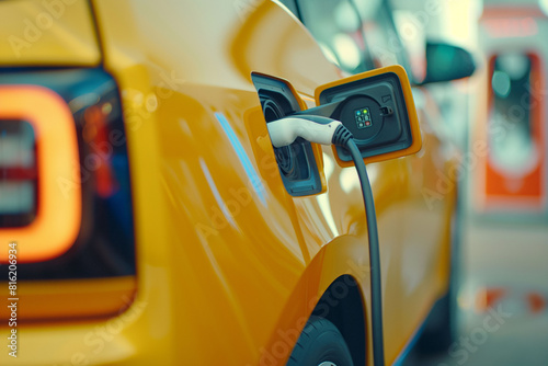 A modern and new yellow electric car charging with the cable plugged in, themes of eco friendly and green transportation and vehicles.