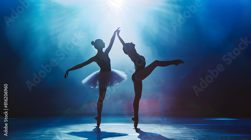 Cinematic shot of Young Couple of Classical Ballet Dancers Performing on the Stage of Classic Theatre with Dramatic Lighting Male and Female Dancers Rehearse their Performance Together   Generative AI
