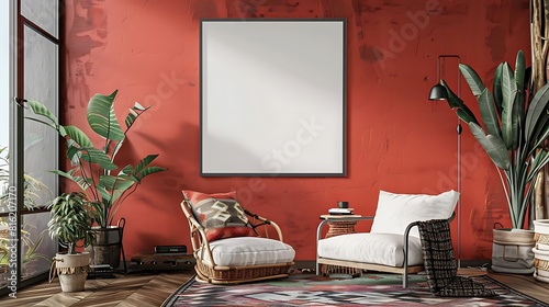 Blank frame mockup in home interior with two chairs and plants. photo