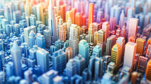 Modeled as a 3D cityscape where each building represents a different store  Futuristic skyline  Colorful cityscape  Mini building model 