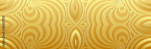 Banner, tribal cover design. Relief geometric fractal gold 3D pattern on a gold background. Ornaments, arabesques, handmade. Ethnic culture of the East, Asia, India, Mexico, Aztec, Peru.