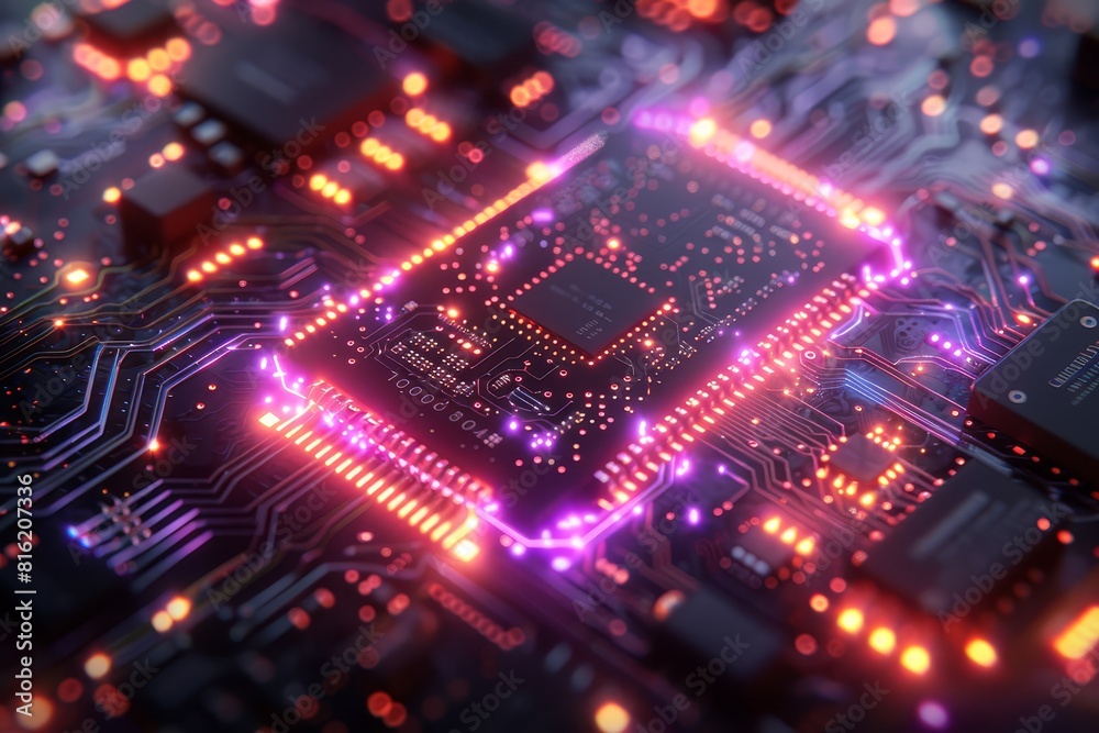 A digital illustration of an AI chip glowing with neon lights, floating above black circuit board patterns. 