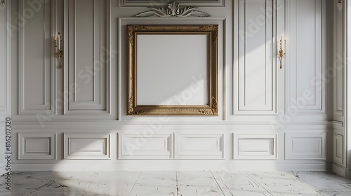 The image is of a white paneled room with a golden frame on the wall. The room is empty and the floor is made of marble. photo