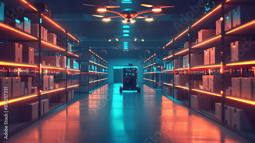 The image is showing a long, futuristic warehouse with shelves on both sides and a robot driving down the center. photo