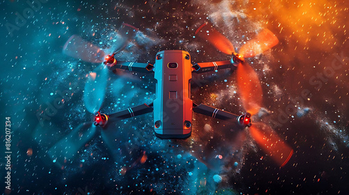 The image shows a blue and orange drone flying in a colorful nebula. photo