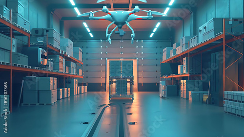 The interior of a modern warehouse with drone flying photo