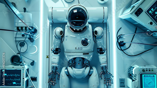 The image shows a robot in a glass container. The robot is white and has a black face. It is wearing a white spacesuit. There are many wires and tubes attached to the robot. photo
