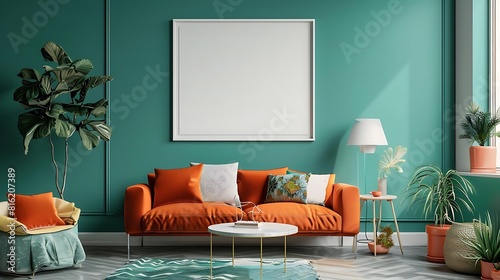 The living room is decorated in a modern style with a green wall, orange sofa, and white coffee table photo