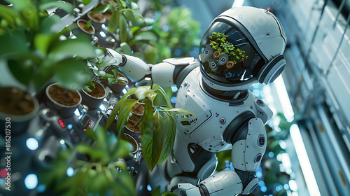 Astronaut in spacesuit examining futuristic plants inCang Nei Zhi Wu Cang photo