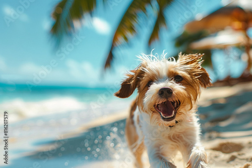 Cute dog playing on a beach. Sea with beautiful waves and transparent aqua blue water on a background.