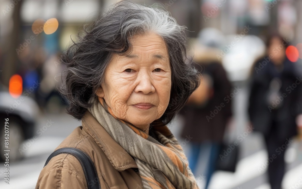 An Asian woman is walking down the street, wearing casual clothes and carrying a handbag An Asian woman is walking down the street, wearing casual clothes and carrying a handbag