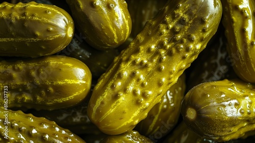 Juicy Pickles in a Close-Up View, Showing the Shiny Green Skin and Briny Texture, Perfect for Snack or Preservation Themes photo