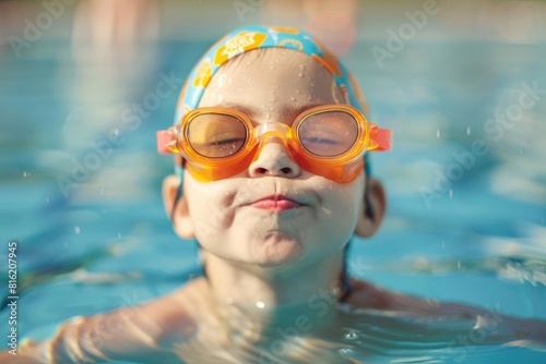 An adorable child with colorful floaties enjoys swimming in a pool on a sunny day