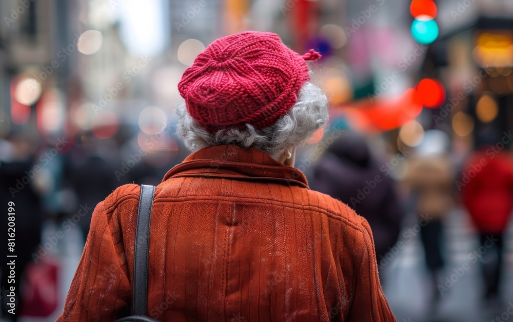 Fototapeta premium Elderly woman with red hat walking on a crowded urban street