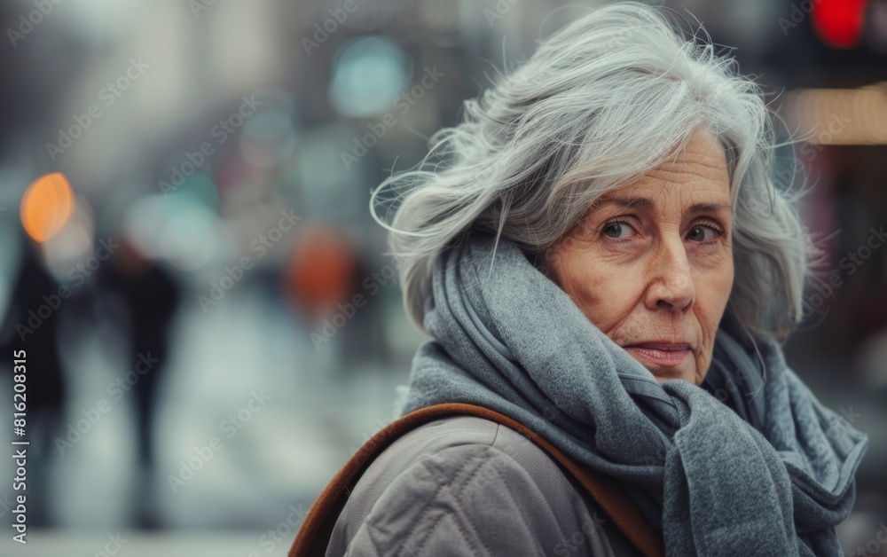 A woman with gray hair is walking down the street A woman with gray hair is walking down the street
