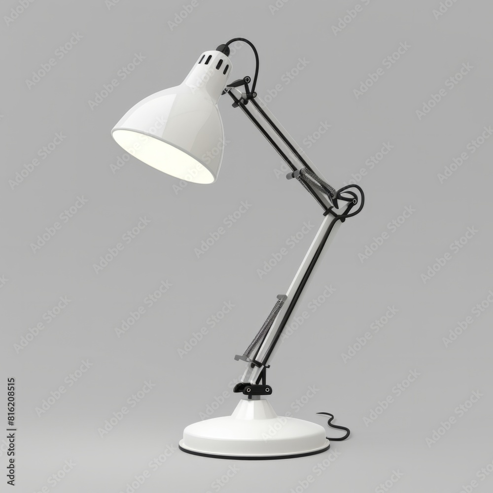 A white desk lamp casting a soft glow on a grey background