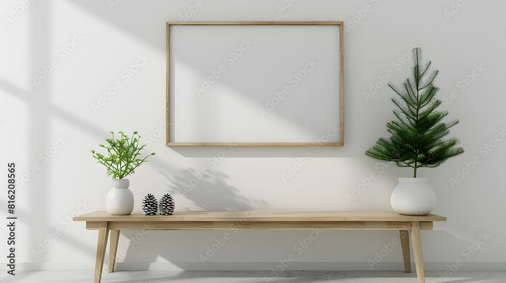 Interior composition in living room rustic wood bench green plant in pots ceramic vase pine cones statuette and picture in frame with blank space hanging on white wall Scandinavian des : Generative AI Interior composition in living room rustic wood bench green plant in pots ceramic vase pine cones statuette and picture in frame with blank space hanging on white wall Scandinavian des : Generative AI