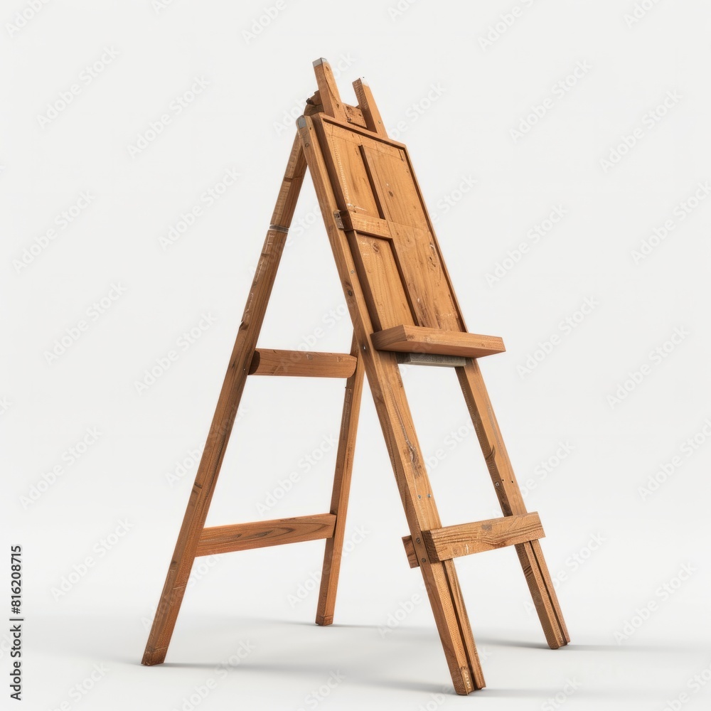 A wooden easel standing proudly against a bright white backdrop A wooden easel standing proudly against a bright white backdrop