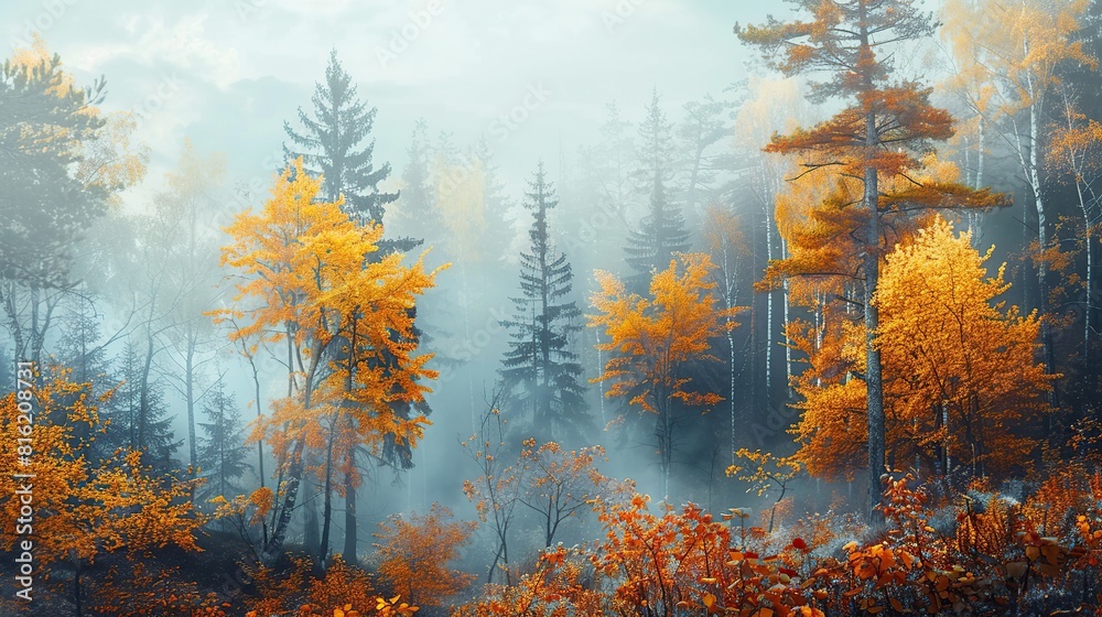 Atmospheric autumn forest in the fog. Yellow and orange leaves on the trees in the morning forest