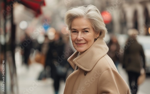 An older woman, dressed in a beige coat, walking along a city street