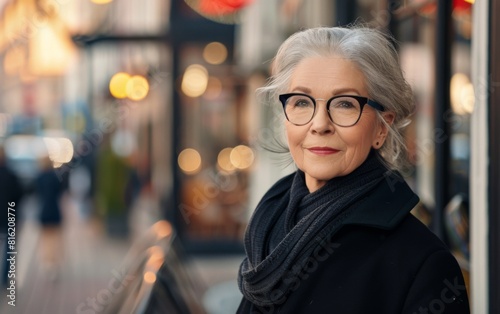 An older woman with glasses wearing a black coat stands outdoors © imagineRbc