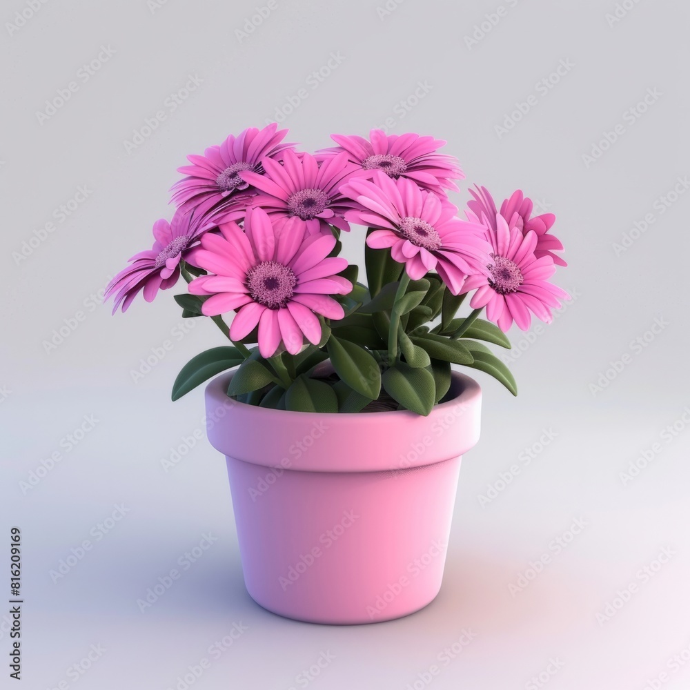 Vibrant pink flowers thriving in a pot against a stark gray background