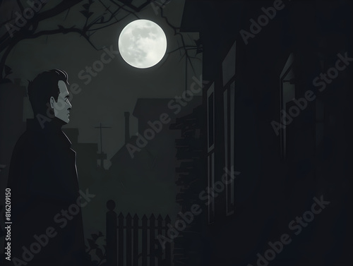 Evocative Night-Time Scene with Full Moon, Silhouetted Figure and Shadowy House Moody, Mysterious, Cinematic, Eerie Atmosphere in Black and Grey Tones Enhancing Contemplation and Suspense photo