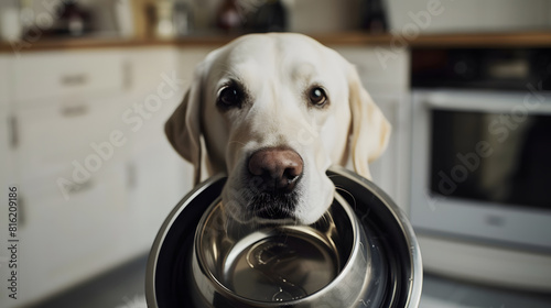 Hungry dog with sad eyes is waiting for feeding at kitchen Cute labrador retriever is holding dog bowl in his mouth at home : Generative AI