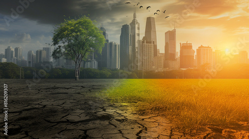 A Tree Is Standing In The Middle Of A Desert And A City