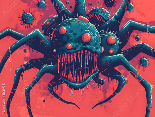 Monstrous Spider-like Fantasy Creature with Multiple Eyes and Fangs in Vibrant Reds/Pinks - Intimidating Artwork Featuring Bulbous Body, Spiky Protrusions, and Floating Minions - Otherworldly photo