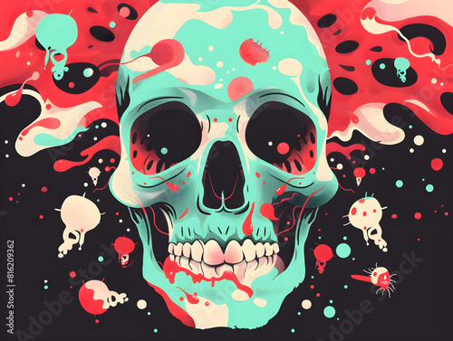 Surrealistic Green Skull Digital Artwork with Abstract Shapes and Vivid Colors - Eerie and Otherworldly Fluid Design with Red, White, and Turquoise Splashes - Dark Background Enhances Vibrant Visual
