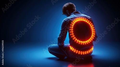  A man sits on the ground against a blue backdrop with a glowing ring centered on his torso