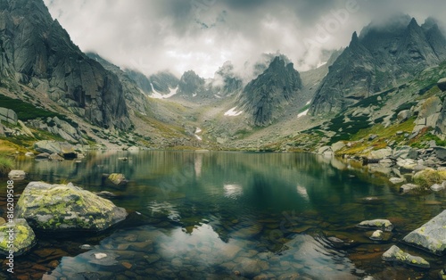 A mountain lake nestled among rugged rocks, set against a cloudy sky