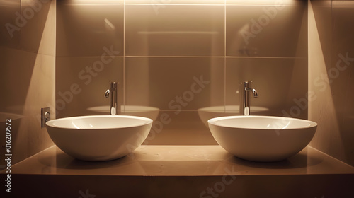 Nice brown modern bathroom with round white sinks : Generative AI