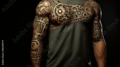men's tattoo in the style of a Polynesian tribe with patterns and ornaments. Concept: self-expression, skin painting and body painting photo