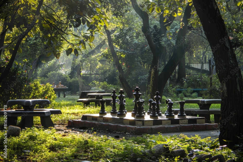 Serene Outdoor Chess Game in Lush Green Park with Sunlight Filtering Through Trees Serene Outdoor Chess Game in Lush Green Park with Sunlight Filtering Through Trees