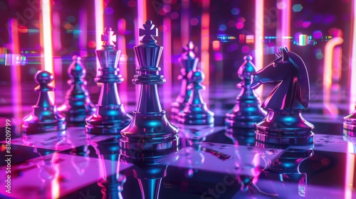 Futuristic Chess Tournament Poster with Neon Lit Board and Metallic Pieces